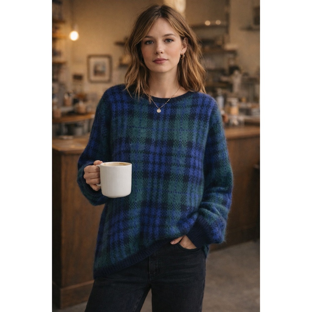 Vintage Gap‎ Plaid Mohair Wool Sweater Blue Green Tartan Grunge Y2K Women L